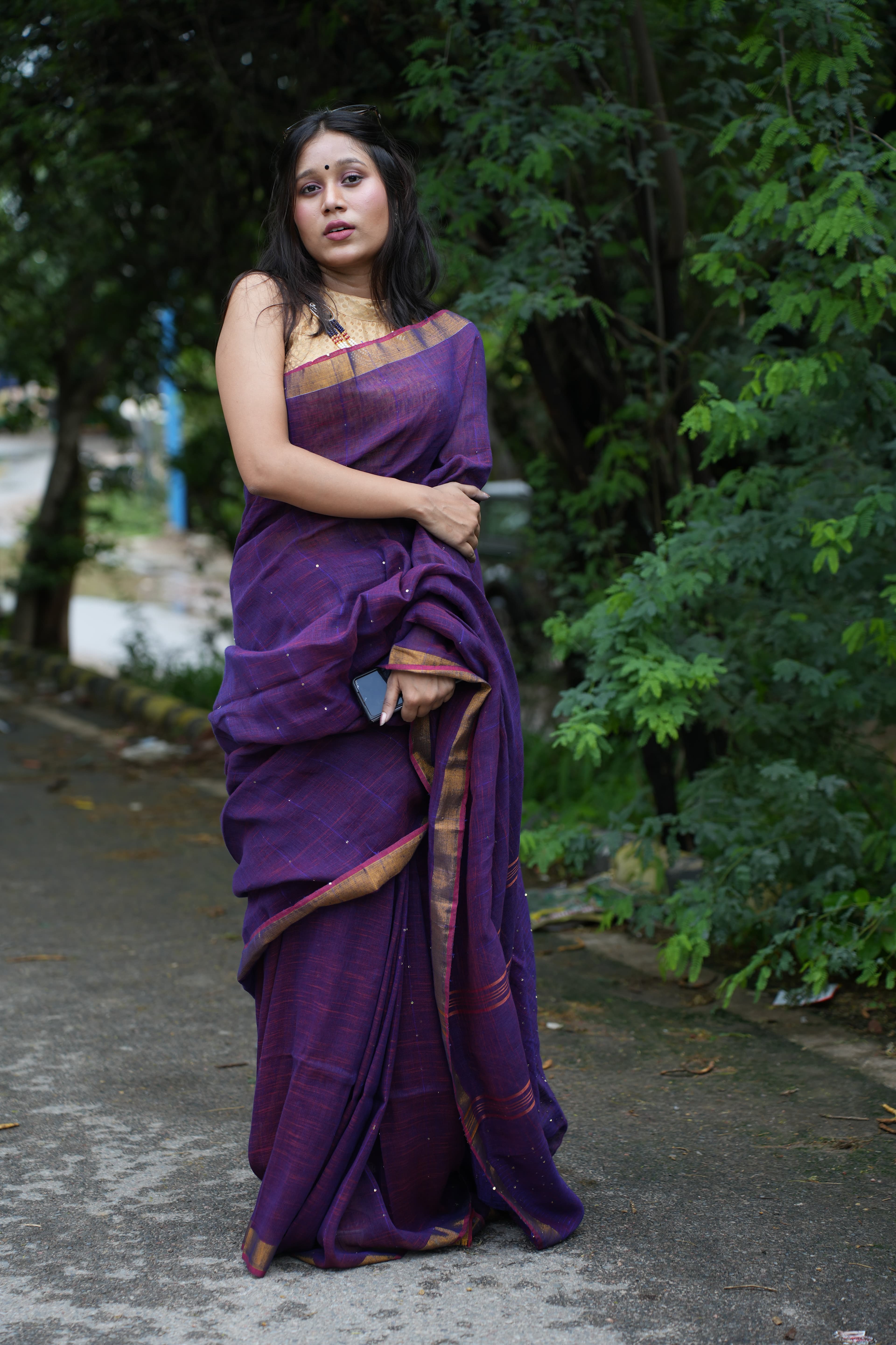Woman in Pink Saree with Green Blouse